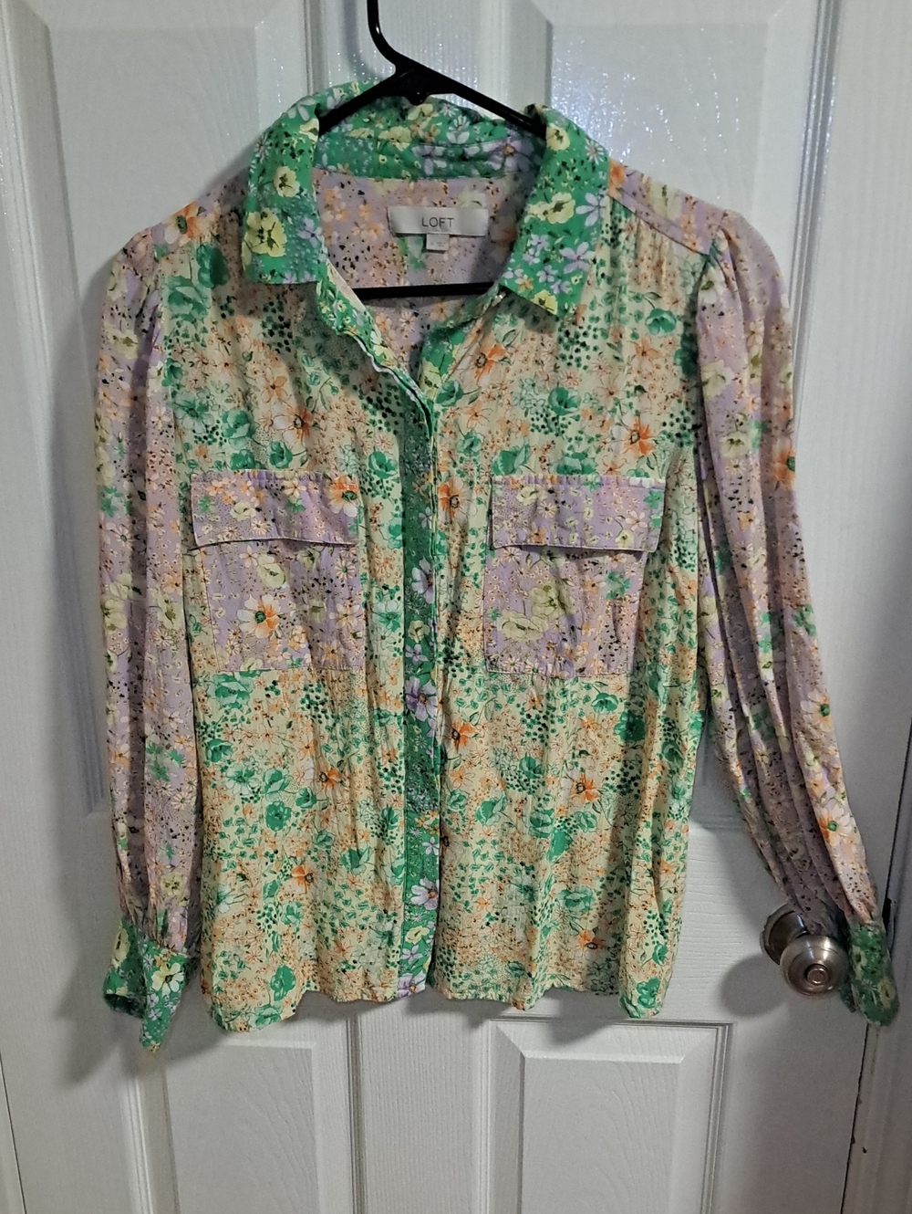 LOFT Green, Lavender and Yellow Floral Patchwork Button-Down Top